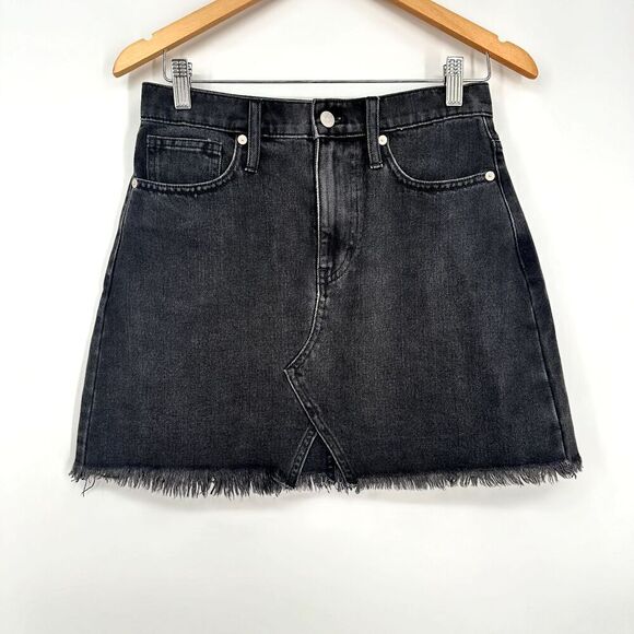 Madewell Black Denim Skirt Rigid A-Line Lunar Wash Frayed Denim Mini Size 26 - Picture 1 of 10